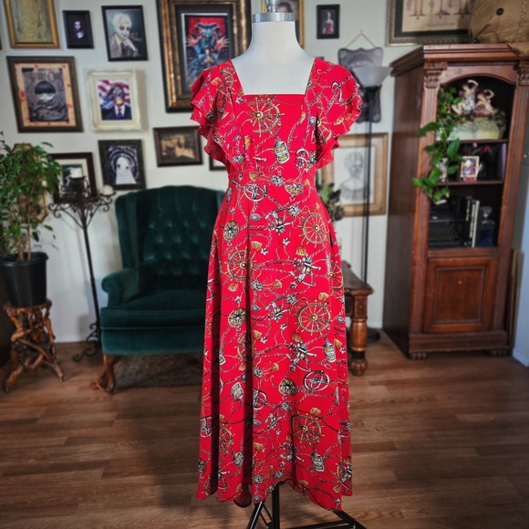 Vintage Y2K Yessica Red  Wheel Chain Print Maxi Dress Flutter Sleeve Square Neck - Picture 2 of 7